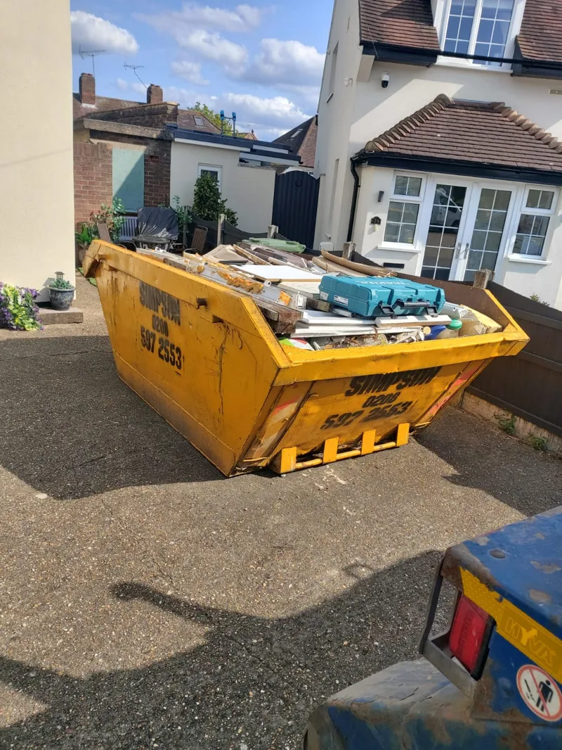 6-yard skip full of waste ready for collection in Bower Close, Romford